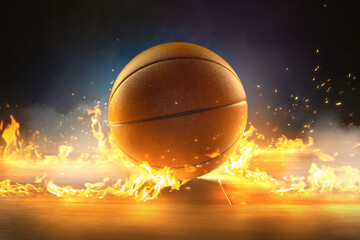 Basketball on wooden floor in between fire - obrazy, fototapety, plakaty