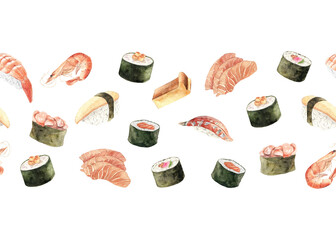 Watercolor seamless banner with japanese food