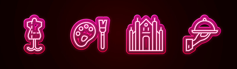Fototapeta premium Set line Mannequin, Paint brush with palette, Milan Cathedral and Covered tray of food. Glowing neon icon. Vector