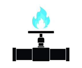 Gas pipeline, in the form of a gas pipe with a flame flowing from a natural gas field to consumers. Vector illustration. Natural gas production. Blue burning natural gas. Blue fire. Gas industry.