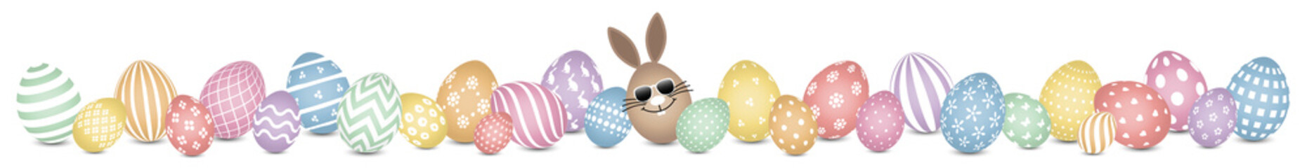 Braunes Hasenei Sonnenbrille & 28 Ostereier Retrofarben Muster Banner