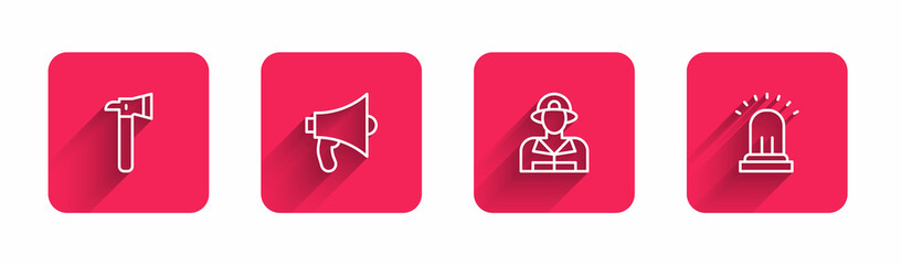 Obraz premium Set line Firefighter axe, Megaphone, and Ringing alarm bell with long shadow. Red square button. Vector
