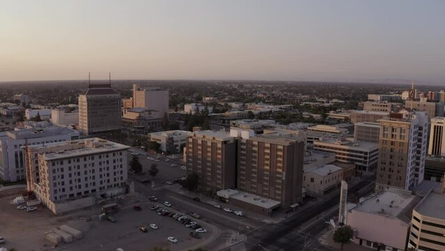 Sunset aerial view of the historic downtown area of Fresno, California, USA.