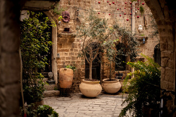 Fototapeta na wymiar courtyard decorated with ceramic potted jugs with plants in one narrow deserted street of the old city of Tel Aviv