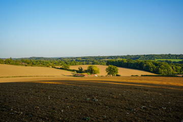 Fototapeta na wymiar Freshly ploughed farm fields with trees and woodland 