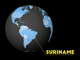 Suriname on dark globe with blue world map. Red country highlighted. Satellite world view centered to Suriname with country name. Vector Illustration.