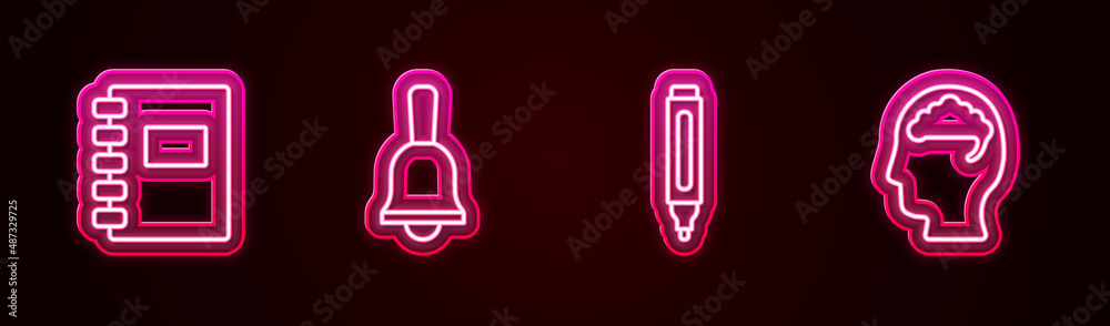 Canvas Prints Set line Spiral notebook, Ringing bell, Marker pen and Human brain. Glowing neon icon. Vector