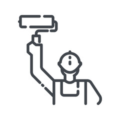 Worker using paint roller line icon isolated on white transparent background