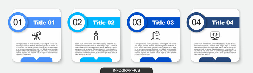 Set line Telescope, Fountain pen nib, Table lamp and Graduation cap speech bubble. Business infographic template. Vector