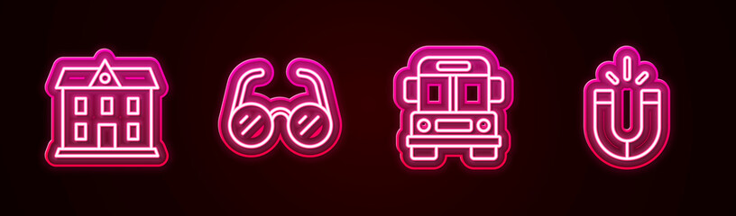 Set line School building, Glasses, Bus and Magnet. Glowing neon icon. Vector