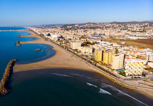 Aerial photo of Mediterranean seashore and pocket beaches in Cunit, province of Tarragona, Spain.
