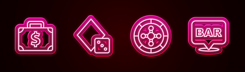 Set line Briefcase and money, Game dice, Casino roulette wheel and Alcohol bar location. Glowing neon icon. Vector
