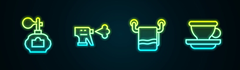 Set line Aftershave, Hairdresser pistol spray bottle, Towel on hanger and Coffee cup. Glowing neon icon. Vector
