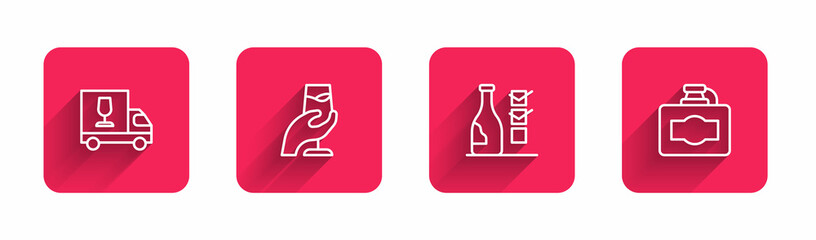 Set line Wine truck, tasting, degustation, Bottle of wine and Cardboard box with long shadow. Red square button. Vector