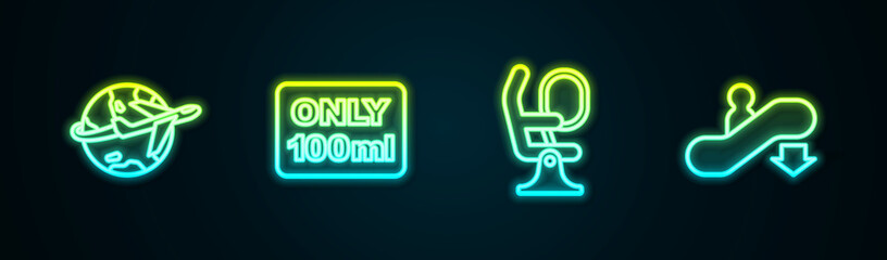 Set line Globe with flying plane, Liquids carry-on baggage, Airplane seat and Escalator down. Glowing neon icon. Vector