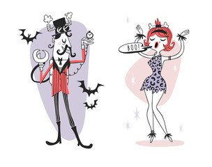 Hand drawn Retro illustration Halloween Characters. Creative Cartoon art work. Actual vector drawing Holiday People. Artistic isolated Vintage Steampunk man and Neanderthal Woman