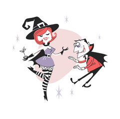 Hand drawn Retro illustration Halloween Characters. Creative Cartoon art work. Actual vector drawing Holiday Witches. Artistic isolated Vintage Person