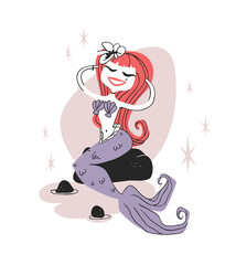 Hand drawn Retro illustration Halloween Characters. Creative Cartoon art work. Actual vector drawing Holiday Mermaid. Artistic isolated Vintage Person