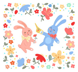 Easter set of illustrations of bunnies, eggs and flowers. Cute children's drawings.