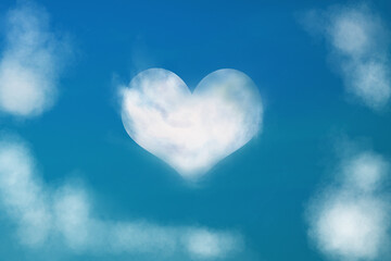 Naklejka na ściany i meble Heart shaped cloud in the blue sky. Cloudy heart background.