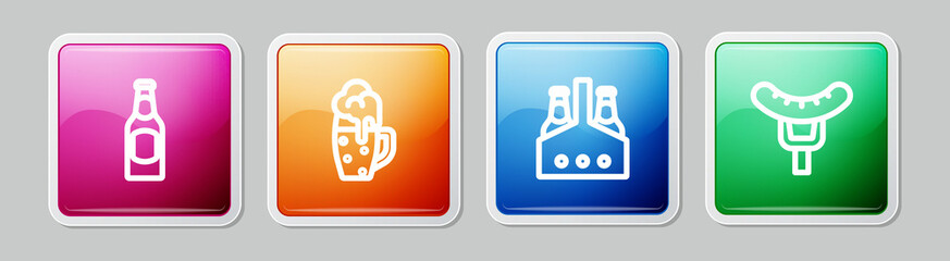 Set line Beer bottle, Glass of beer, Pack bottles and Sausage on the fork. Colorful square button. Vector