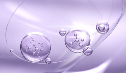 Cosmetic Essence oil Liquid Bubble with molecule background, 3d rendering.