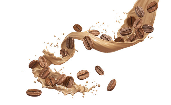 splashing coffee with coffee beans, isolated on white background, 3d rendering.