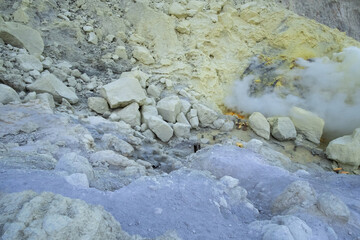 Sulfur mining industry in Ijen volcano, Java, Indonesia