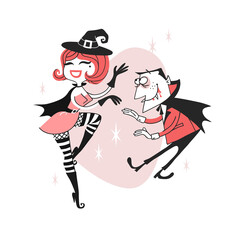 Hand drawn Retro illustration Halloween Characters. Creative Cartoon art work. Actual vector drawing Holiday Witches. Artistic isolated Vintage Person