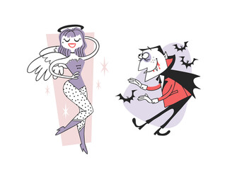 Hand drawn Retro illustration Halloween Characters. Creative Cartoon art work. Actual vector drawing Holiday Angel and Vampire. Artistic isolated Vintage Person