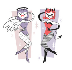 Hand drawn Retro illustration Halloween Character. Creative Cartoon art work. Actual vector drawing Holiday People. Artistic isolated Vintage Person Angel and Devil