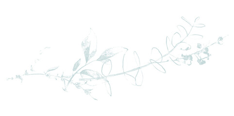Blue wildflowers twig and leaves in sramp technique style and line art. Floral arrangement.