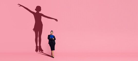 Flyer with young business woman dreams of becoming a figure skater isolated on pink background....