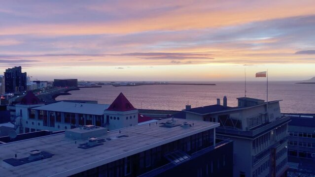 Time lapse of bay of Reykjavik city,Iceland, at sunset