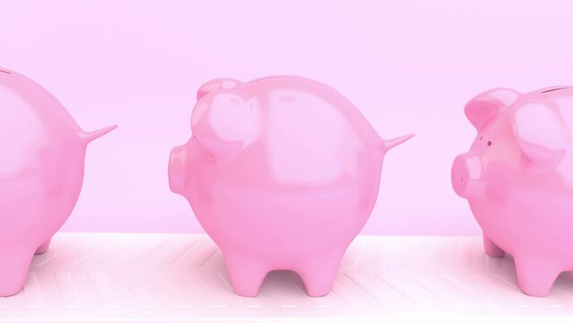 Moving line of pink piggy banks into which one coin falls.