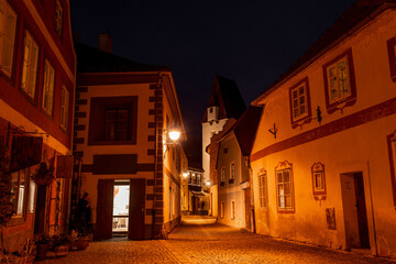 Street in center of Ceske Budejovice at night, Czechia