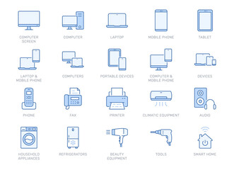Electronics line icons. Vector outline illustration with icon - pc, digital tablet, phone, speaker, air conditioner, printer, laptop, monitor pictogram for smart device. Editable Stroke, blue color