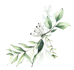 Delicate greenery arrangement watercolor painted. Bouquet with branches, green leaves. 
