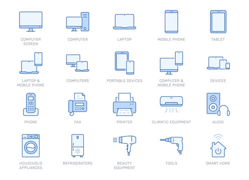 Electronics Line Icons. Vector Outline Illustration With Icon - Pc, Digital Tablet, Phone, Speaker, Air Conditioner, Printer, Laptop, Monitor Pictogram For Smart Device. Editable Stroke, Blue Color