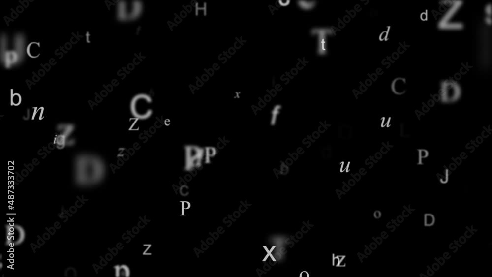 Poster flying through the alphabet letters on black background repeat loop focus blur depth of field animat