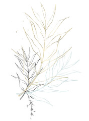 Arrangement with blue, black, golden palm branch in sketch line style. Floral composition. 