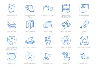 Toilet paper line icons. Vector outline illustration with icon - dispenser, tissue, biodegradable, recycled, napkin, package, feather pictogram for towel packaging. Editable Stroke, blue color