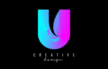 Purple Letter U logo with lines and spiral effect. Vector illustration with geometric typography.