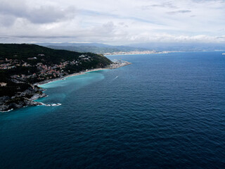 Aerial view of Bergeggi island, heart island from above, in Liguria, north Italy. Drone photography of the Ligurian coast, province of Savona with Spotorno and the island of Bergeggi.