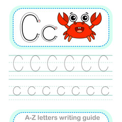 Obraz premium Letter Writing Guide. Worksheet Tracing letters C. Uppercase and lowercase letter English alphabet