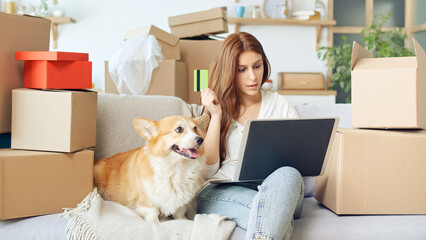 A Woman Uses a Laptop For Online Shopping at Home. Purchase Confirmation by the Internet. Binding a Card for Online Shopping. A Woman Sitting on the Couch With a Cute Dog While Online Shopping.