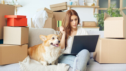 A Woman Uses a Laptop For Online Shopping at Home. Purchase Confirmation by the Internet. Binding a...