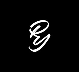 White Vector Letters Logo Brush Handlettering Calligraphy Style In Black Background Initial ry - obrazy, fototapety, plakaty