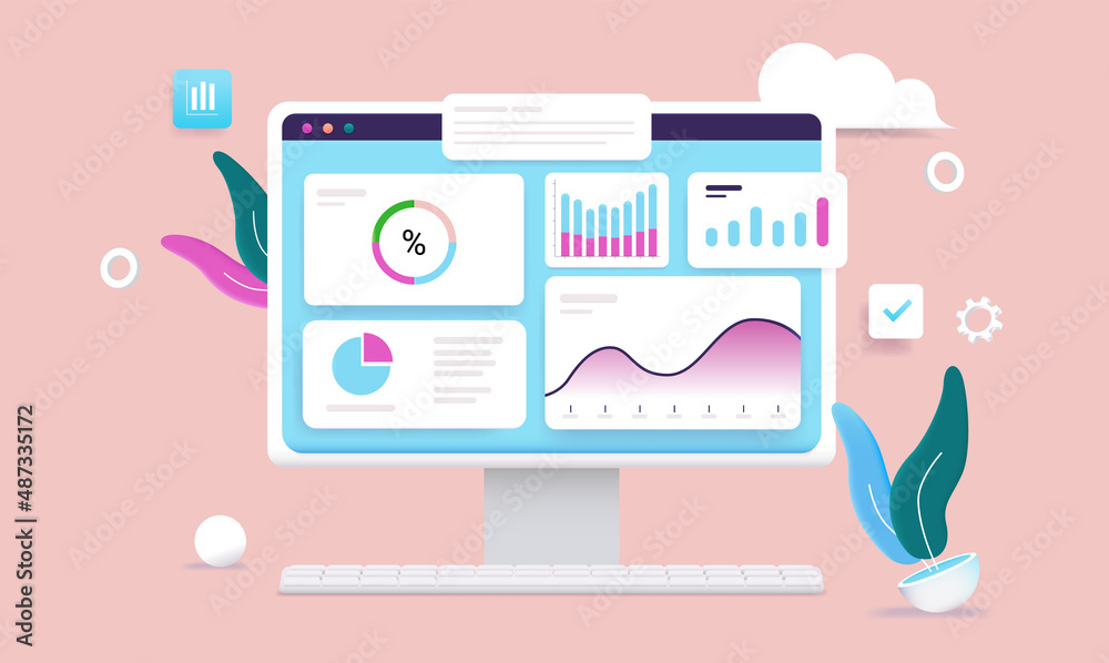Poster computer with data dashboard on screen - desktop monitor with infographics, charts and graphs on car