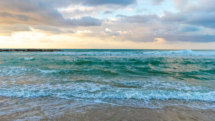 Calm Sea Ocean And Cloudy Sky Background. SunSet. Sea. Mediterranean Sea